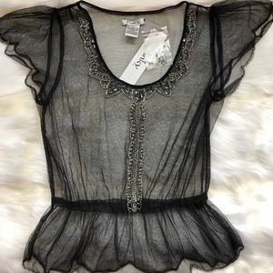 Gorgeous Black Sheer Peplum Beaded Top - NWT